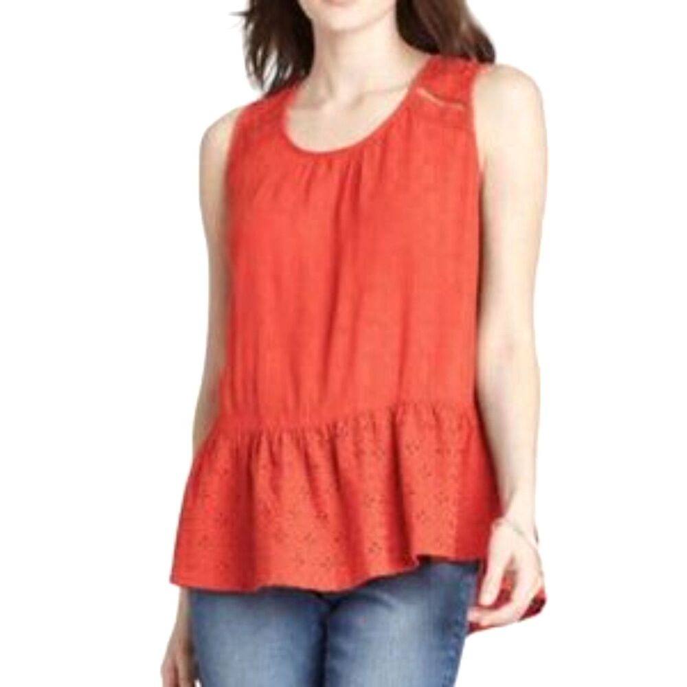 Knox‎ Rose Red Eyelet & Lace Sleeveless Ruffled Blouse Size L